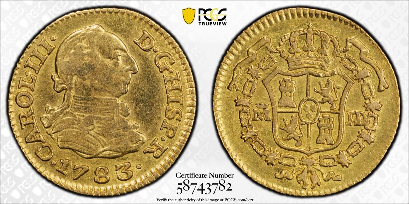 博洋堂世界钱币拍卖第162期（全场包邮） PCGS XF 西班牙1783/0年卡洛斯三世1/2埃斯库多金币，稀见品种