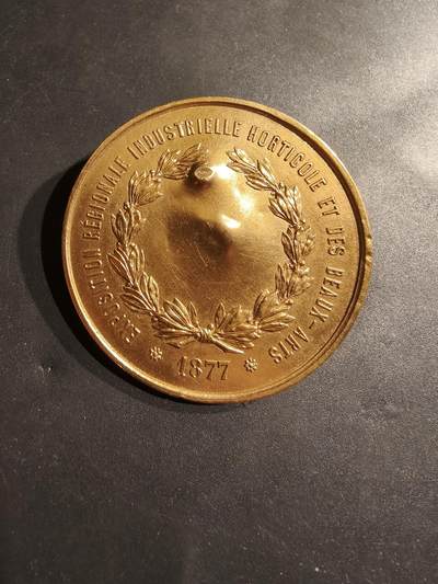 老王徽章第185期 - 法国1877园艺博览会单面镀金大铜章    直径45mm    重量31.4g