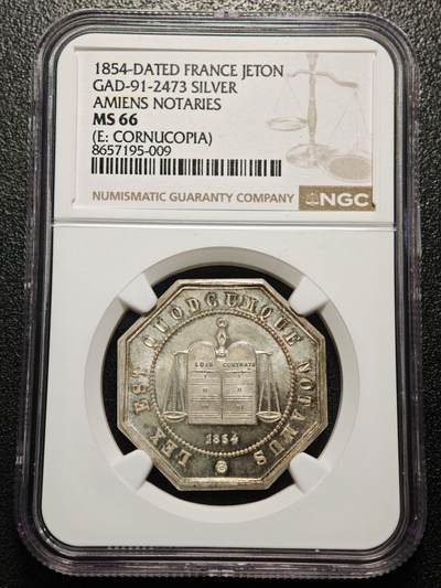 【德藏】世界币章拍卖第166期（拍品征集中~欢迎藏友联系） - 1854年 法国亚眠公证处纪念银章八角代用币 NGC MS66 原光十足