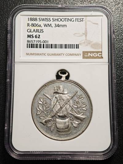 【德藏】世界币章拍卖第166期（拍品征集中~欢迎藏友联系） - 1888年 瑞士阿尔高射击节合金纪念章原铸吊环 NGC MS62 图案立体