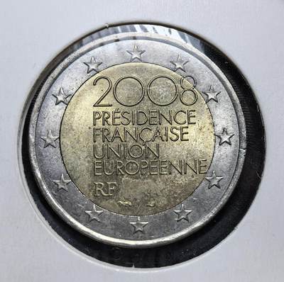 外国优质老铜币银币，正月十二晚九点倒数截拍，满百包邮可寄存，持续收拍 - 法国2008 年欧盟轮值主席国2 欧元纪念币，正面为欧盟统一图案。它是法国在欧盟一体化进程中发挥核心作用的重要见证，也是欧洲货币合作的实物载体。