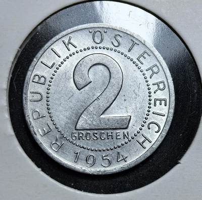 外国优质老铜币银币，正月十二晚九点倒数截拍，满百包邮可寄存，持续收拍 - 奥地利1954 年2 格罗申，正面为面值与 “奥地利共和国” 字样，背面是象征国家主权的奥地利双头鹰徽。发行于二战后奥地利重建、恢复主权的关键时期，是奥地利战后货币稳定与国家复兴的实物见证。
