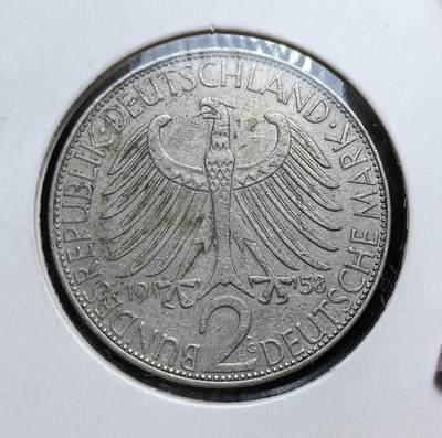 外国优质老铜币银币，正月十二晚九点倒数截拍，满百包邮可寄存，持续收拍 - 联邦德国1958年2马克，正面为物理学家马克斯・普朗克头像，背面是联邦鹰徽。发行于战后经济奇迹时期，是德国重建科学体系、重塑国家形象的重要货币见证。