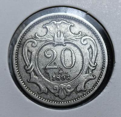 外国优质老铜币银币，正月十二晚九点倒数截拍，满百包邮可寄存，持续收拍 - 奥匈帝国1893年20 赫勒，属 1892 年货币改革后的首批流通辅币。背面为象征帝国权威的双头鹰，正面标注面值与年份。该币取代旧版古尔登体系，确立金本位制下的十进制货币，见证帝国鼎盛期的金融统一。