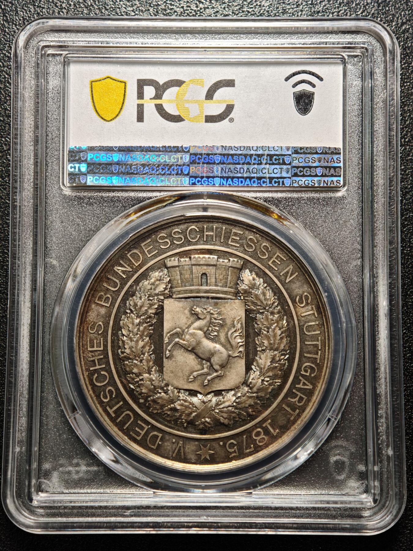 【德藏】世界币章拍卖第166期（拍品征集中~欢迎藏友联系） 1875年 德国斯图加特射击节银章 PCGS SP64 五彩包浆 状态极佳