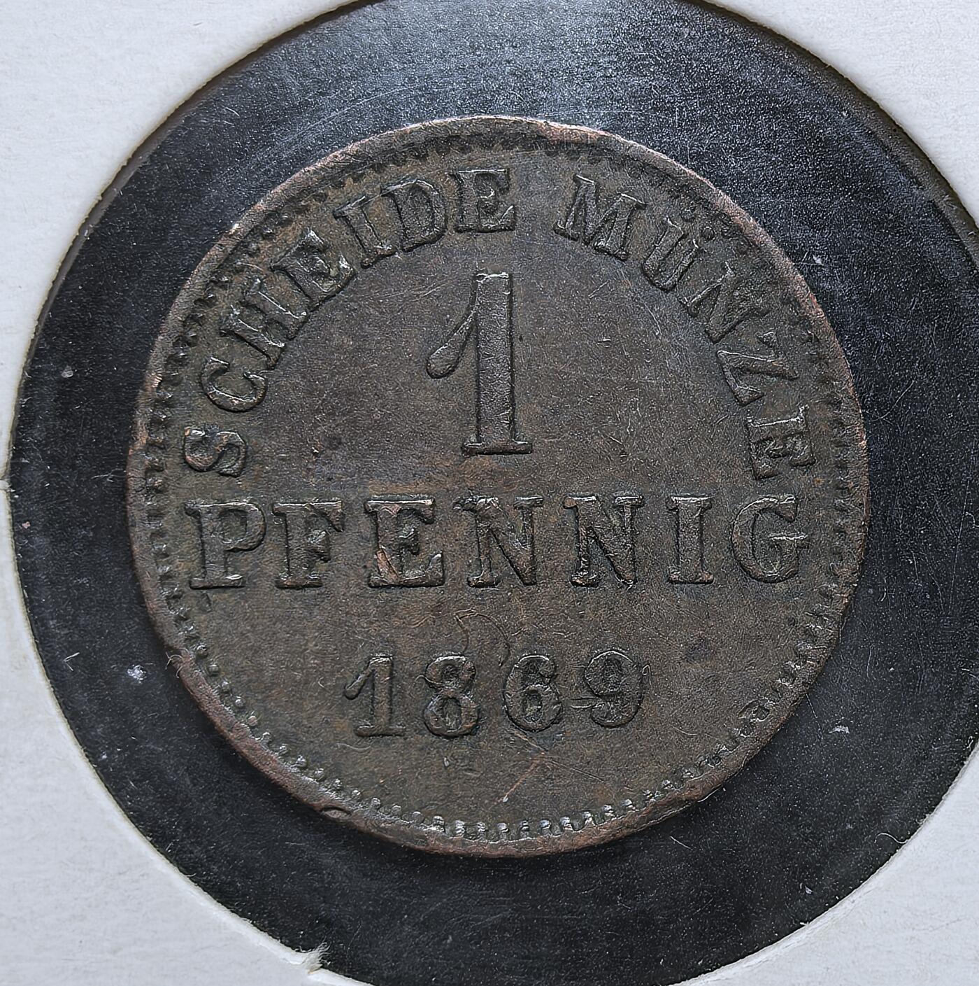 外国优质老铜币银币，正月十二晚九点倒数截拍，满百包邮可寄存，持续收拍 黑森大公国1869 年1芬尼铜币，正面为黑森纹章，背面标注面值与年份。发行于德意志统一前夕，是黑森作为独立邦国发行的辅币，见证了德意志邦联走向统一的历史进程。