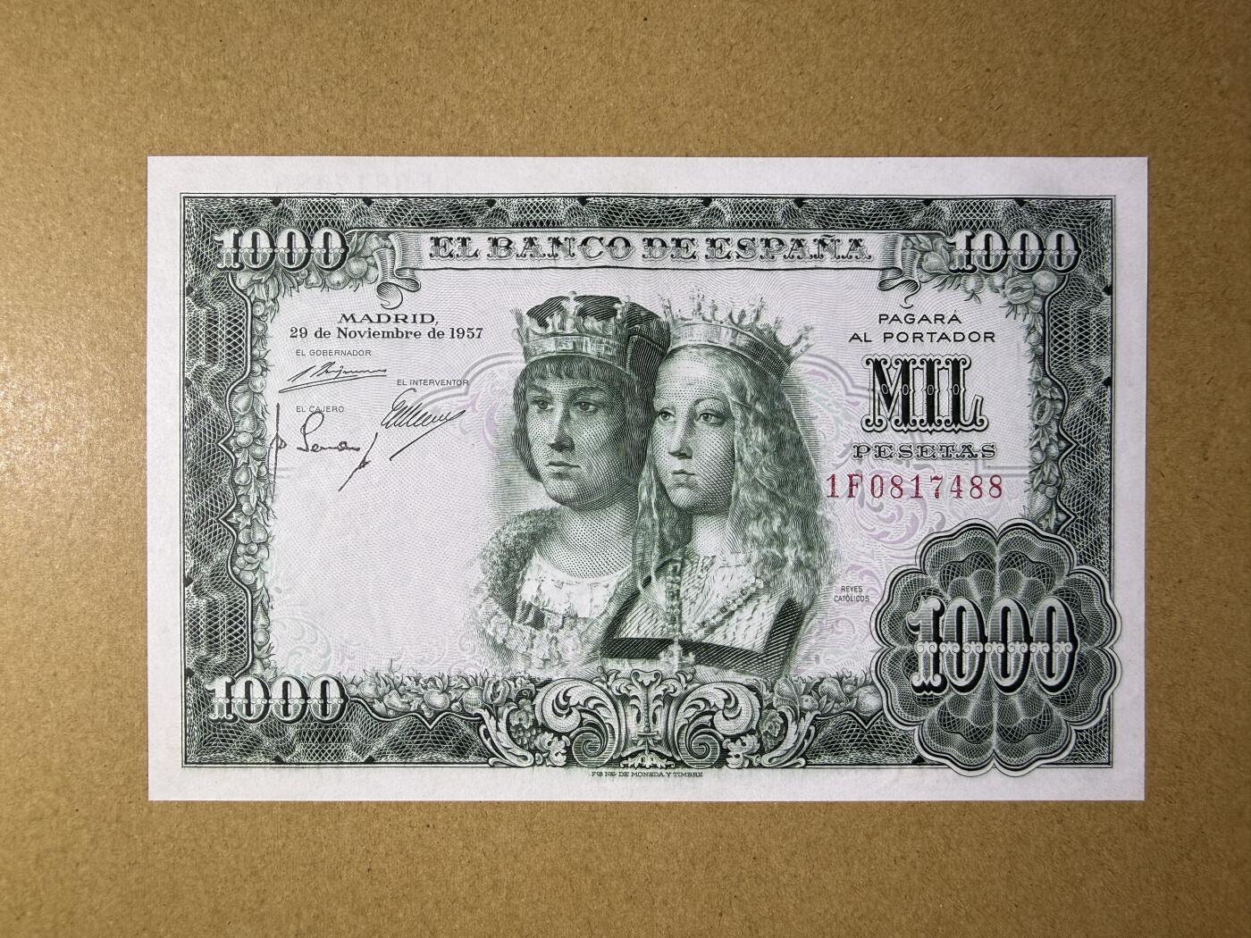 《艾美收藏》第234期-3.1周日外币精华场 西班牙1000比塞塔 UNC 1957年 双王