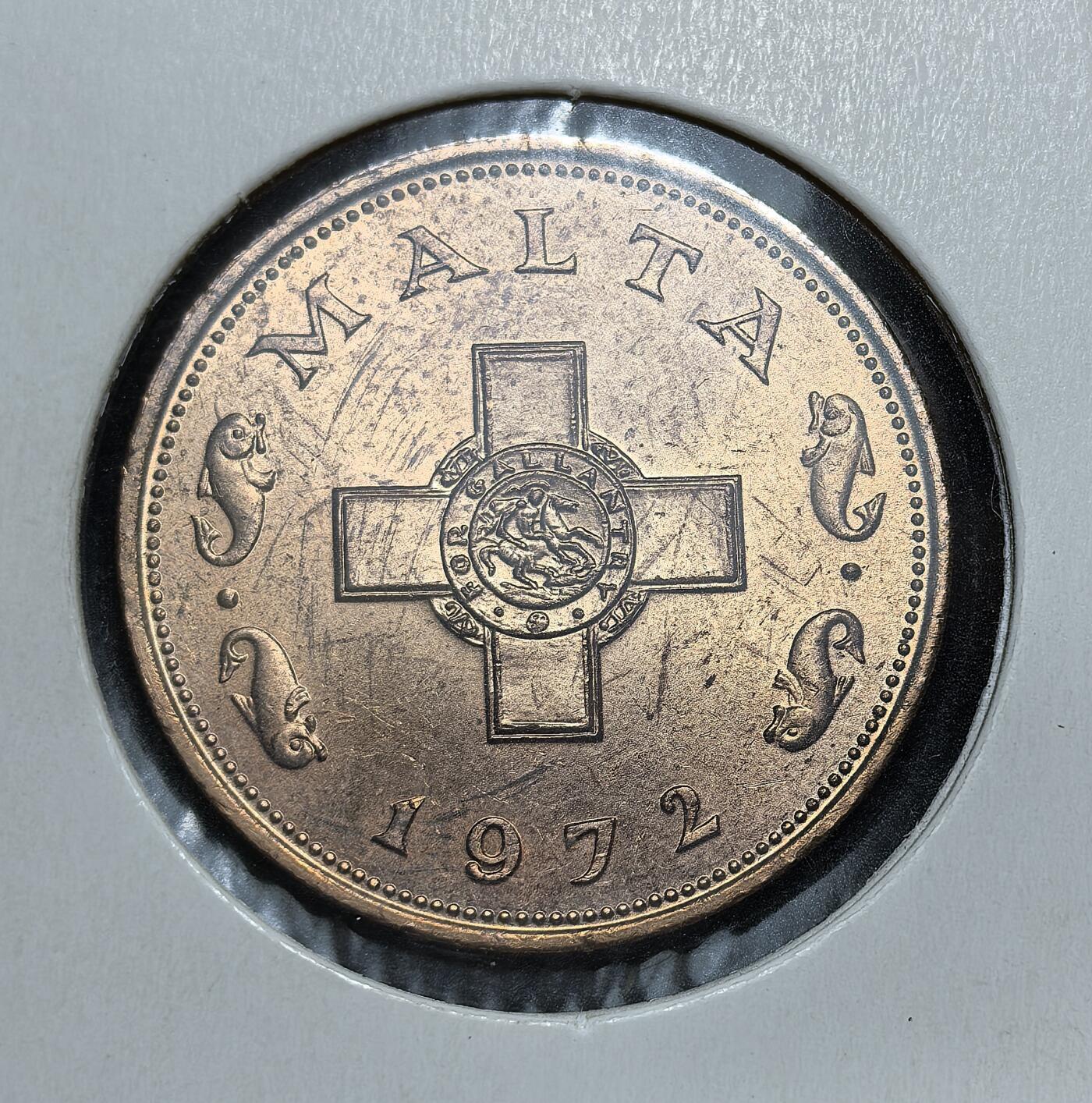 外国优质老铜币银币，正月十二晚九点倒数截拍，满百包邮可寄存，持续收拍 马耳他1972年1分，正面为马耳他十字与圣乔治骑士团徽章，背面是面值与橄榄枝。此币发行于马耳他独立初期（1964 年独立后），属于战后重建货币体系的重要币种，见证了马耳他从英属殖民地走向主权国家的货币演变历程。