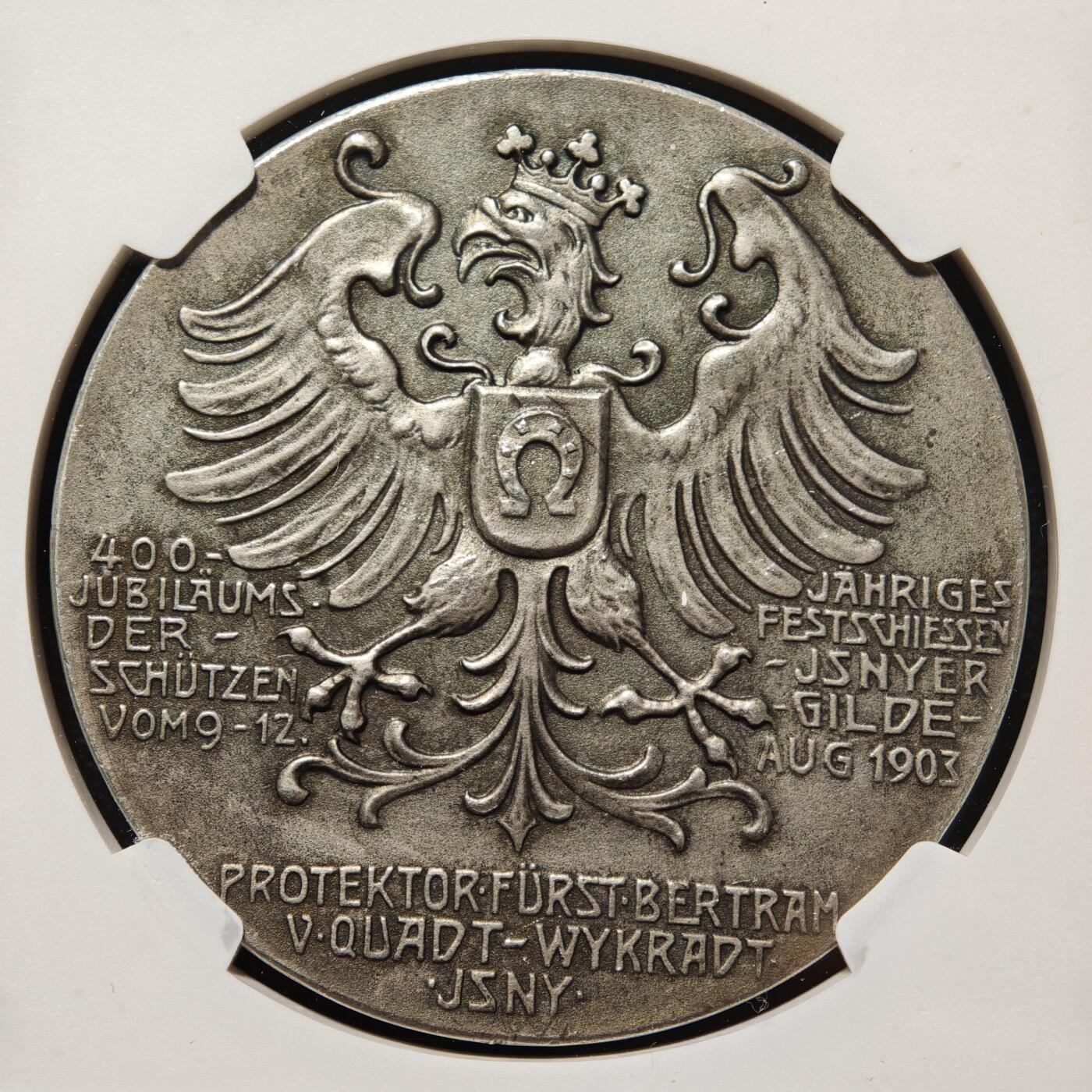 【德藏】世界币章拍卖第166期（拍品征集中~欢迎藏友联系） 1903年 德国伊瑟隆射击协会成立400周年纪念银章 NGC UNC 少见品种