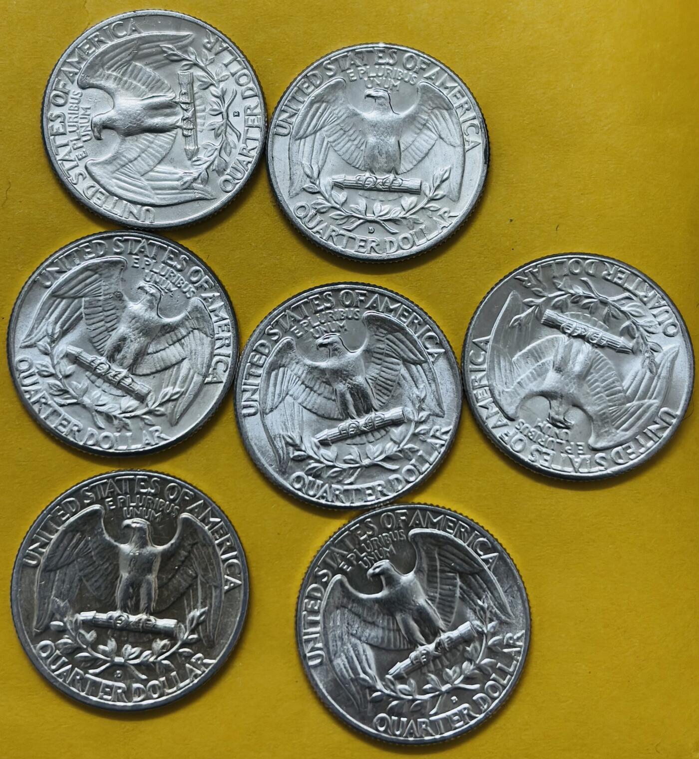 文馨钱币收藏第 295 场，（元宵场）各种银币散币纪念章，长期接代拍业务 全新卷拆品相 1964 年美国华盛顿白头鹰 25 美分银币，关门版 6.25 克 900 银，中拍随机一个，有几个 D 版分到谁就是谁，不指定给哪个