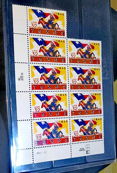 $宁静致远$ 2026年3月中国邮票拍卖 - 美国1995德州32美分邮票 9连全新 带边纸厂铭原胶全品