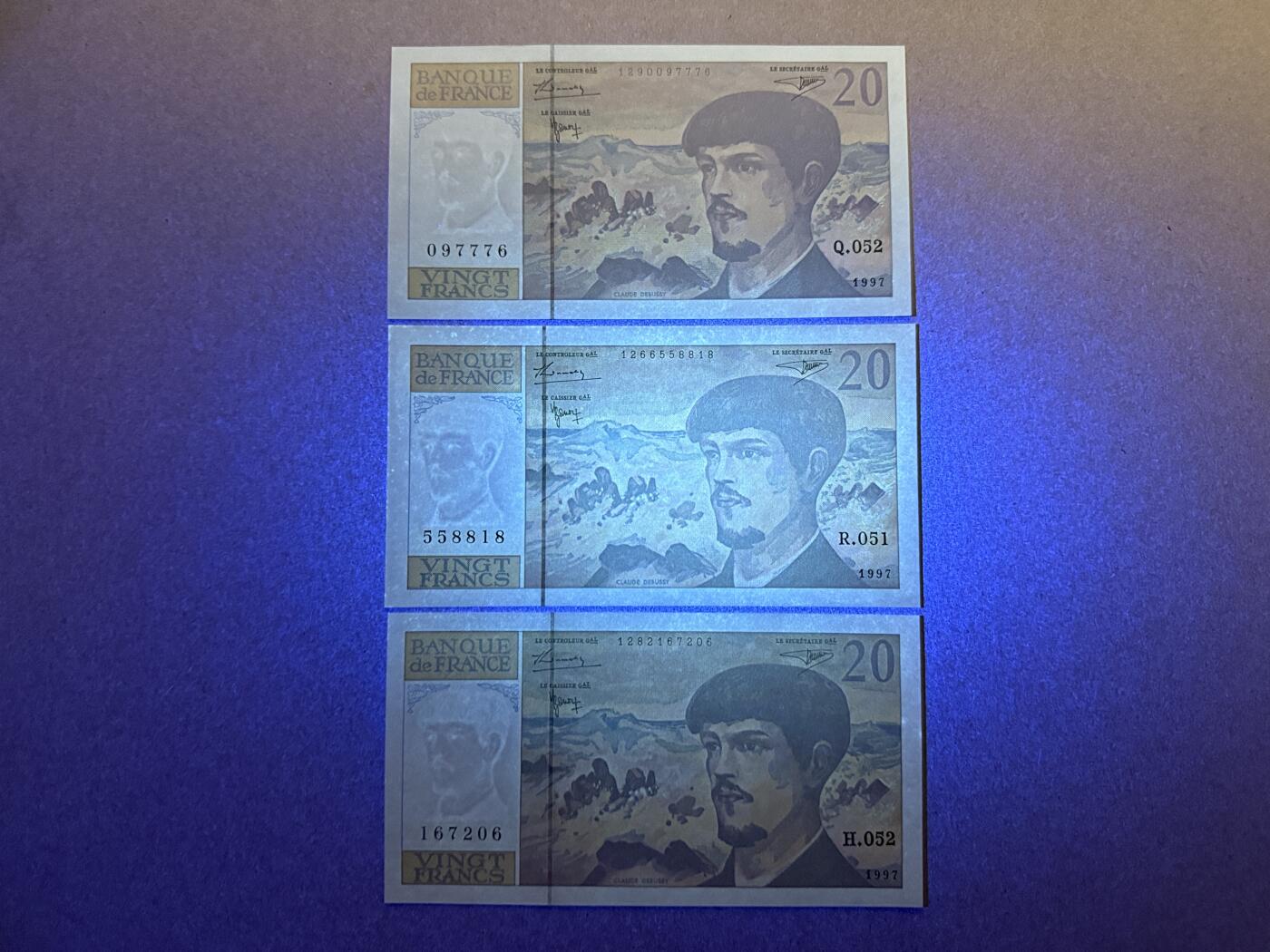 《艾美收藏》第234期-3.1周日外币精华场 法国20法郎3张 UNC 1997年 作曲家德彪西 边缘轻微荧光 全程无4