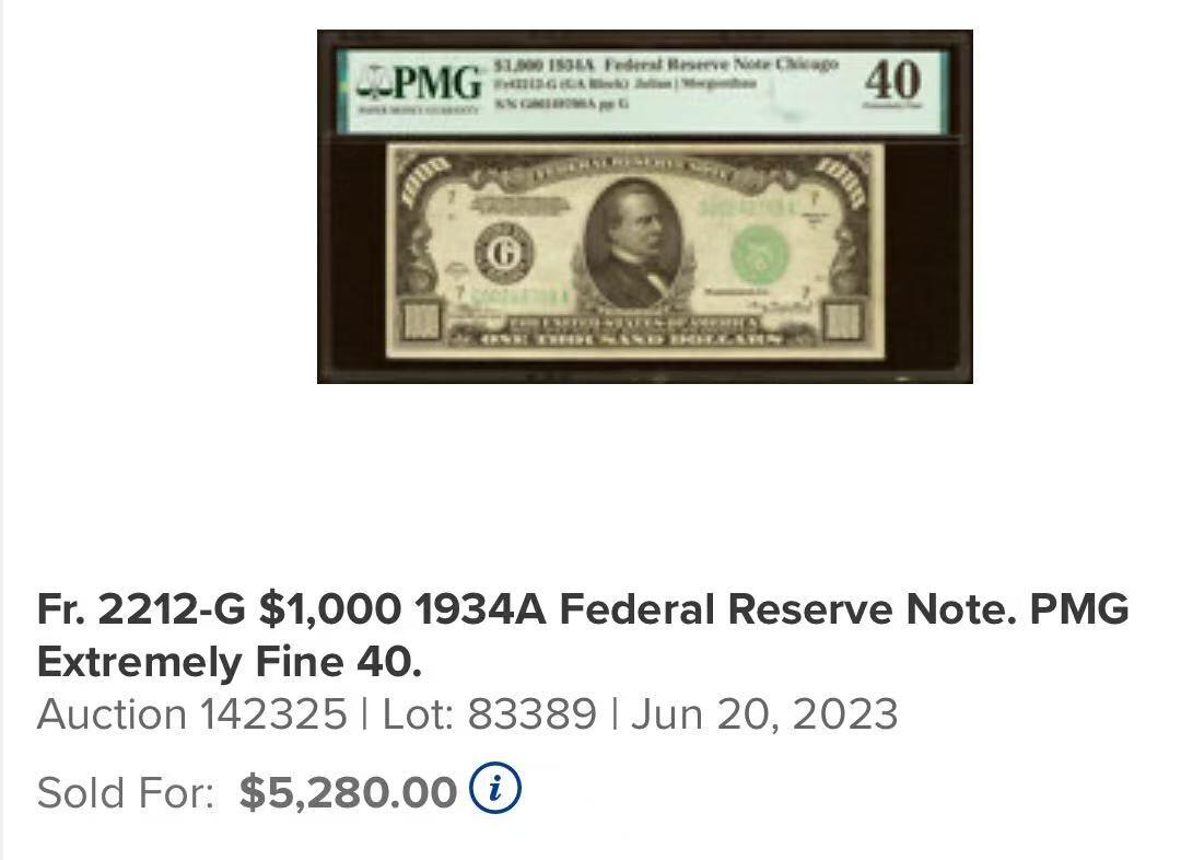 【Blue Auction】世界纸币精拍第788期——18级TOP拍卖/信誉/品质/专业/高效💫   【芝加哥Mule版 上涨品种】美国 1934年1000美金 普通玩家可收藏的最高面值美金 永久可兑换非常保值 PMG53EPQ 近新原票 正面人像前总统克利夫兰 当时一辆车也就小几百美金 该面值购买力爆炸（1934年1月罗斯福政府通过了《黄金储备法案》，禁止私人储藏黄金，1盎司黄金=35美元）老壳 （22年55分无E该版本拍了6600美金 这张带E更好）
