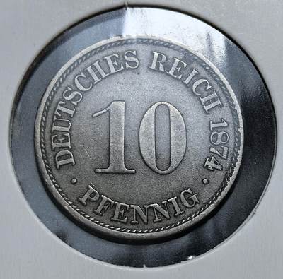 外国优质老铜币银币，正月十二晚九点倒数截拍，满百包邮可寄存，持续收拍 - 德意志帝国1874 年10 芬尼G版，属于威廉一世时期统一币制的产物。它以帝国鹰徽为核心图案，见证了德国从邦联走向统一后的货币标准化进程，是早期帝国货币体系的重要实物。