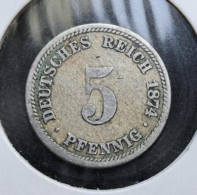 外国优质老铜币银币，正月十二晚九点倒数截拍，满百包邮可寄存，持续收拍 - 德意志帝国1874年5芬尼D版，正面为面值与年份，背面是帝国鹰徽。此币是德意志统一后首批帝国货币，取代各邦旧币，见证了德国从邦联走向统一帝国的货币体系整合。