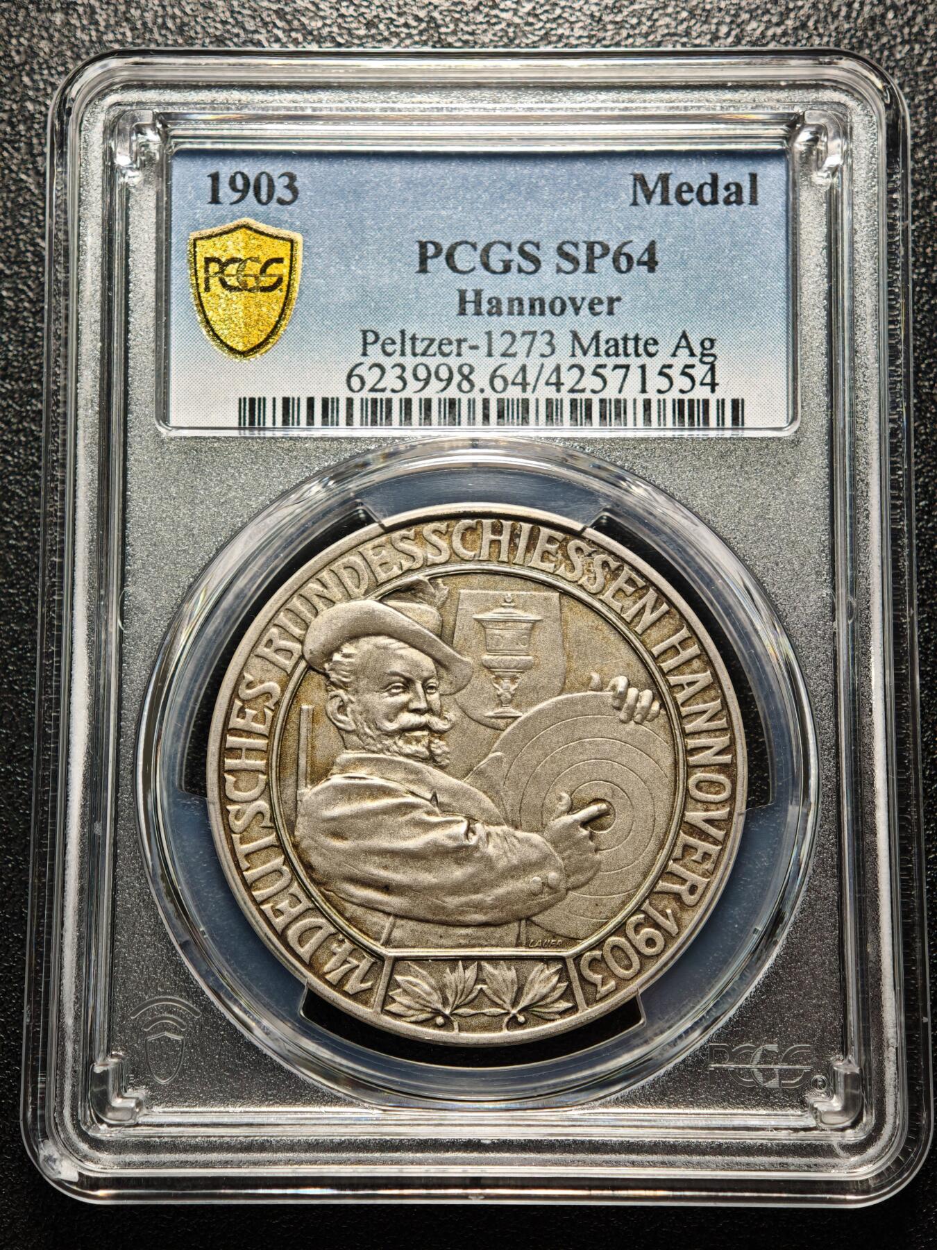 【德藏】世界币章拍卖第166期（拍品征集中~欢迎藏友联系） 1903年 德国汉诺威第14届德意志联邦射击节纪念银章 PCGS SP64 淡包浆类磨砂质感