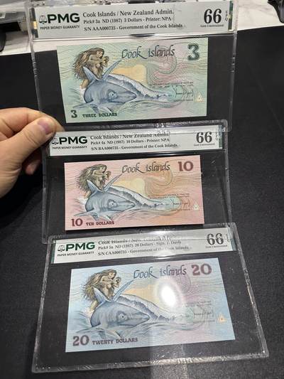 《外钞收藏家》第六百一十三期（ 精品场）（长期征集拍品、欢迎藏友们联系合作） - 1987年库克群岛3、10、20元 3张全同号735百位号 PMG66评级