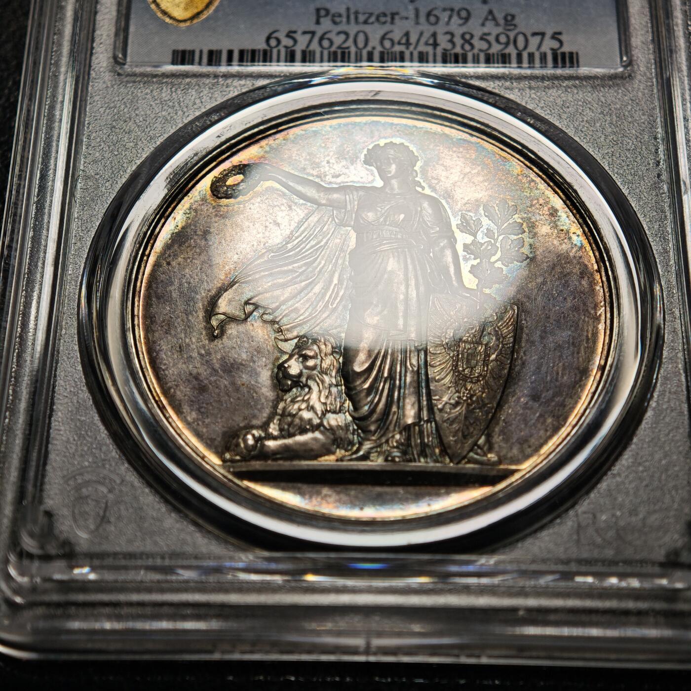 【德藏】世界币章拍卖第166期（拍品征集中~欢迎藏友联系） 1875年 德国斯图加特射击节银章 PCGS SP64 五彩包浆 状态极佳