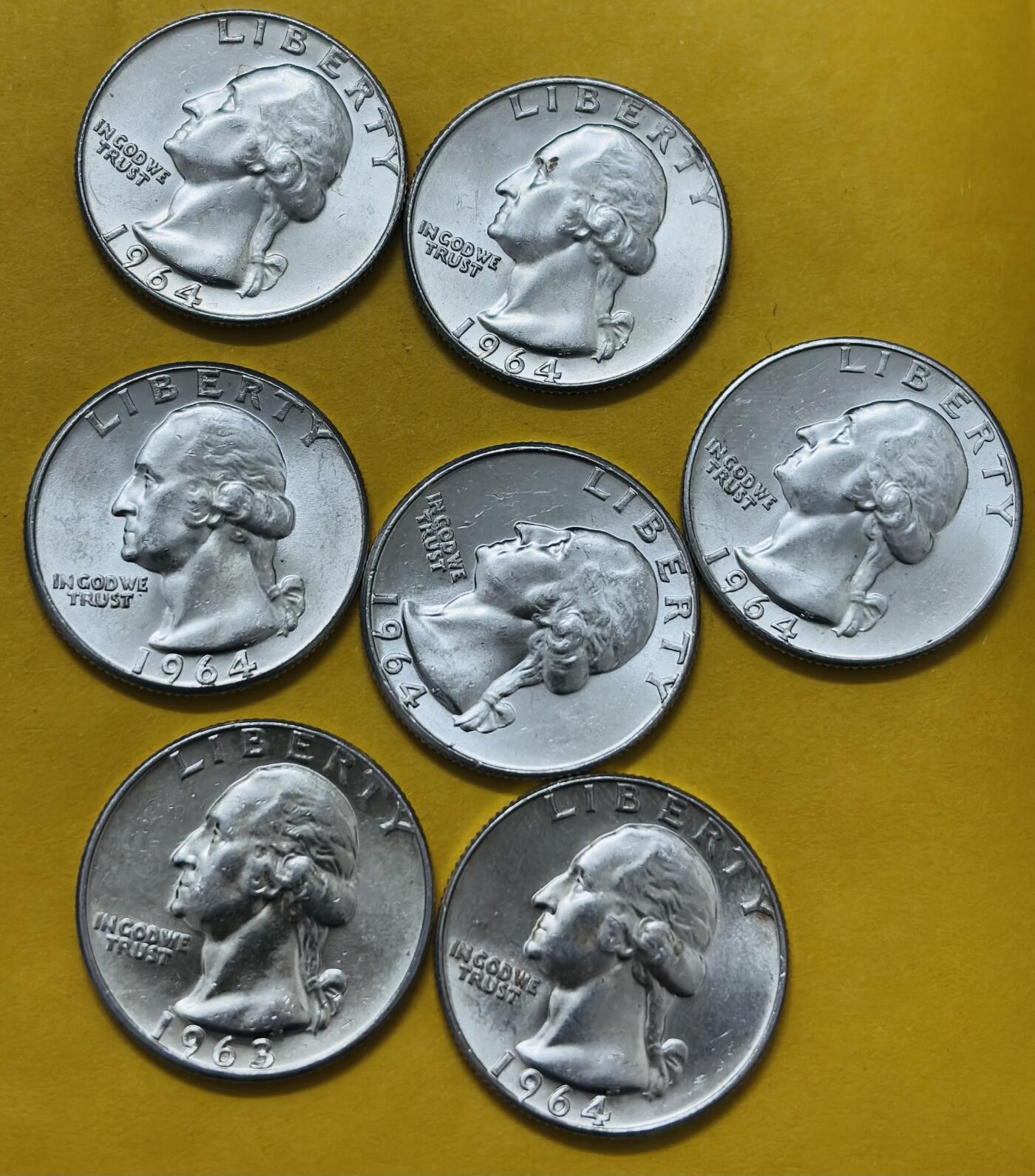 文馨钱币收藏第 295 场，（元宵场）各种银币散币纪念章，长期接代拍业务 全新卷拆品相 1964 年美国华盛顿白头鹰 25 美分银币，关门版 6.25 克 900 银，中拍随机一个，有几个 D 版分到谁就是谁，不指定给哪个