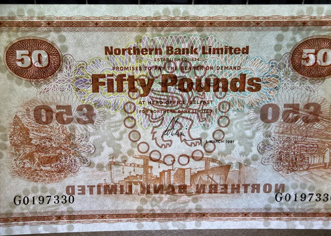 《艾美收藏》第234期-3.1周日外币精华场 北爱尔兰50镑 UNC 1981年 北方银行 橙色稀少版本 无4