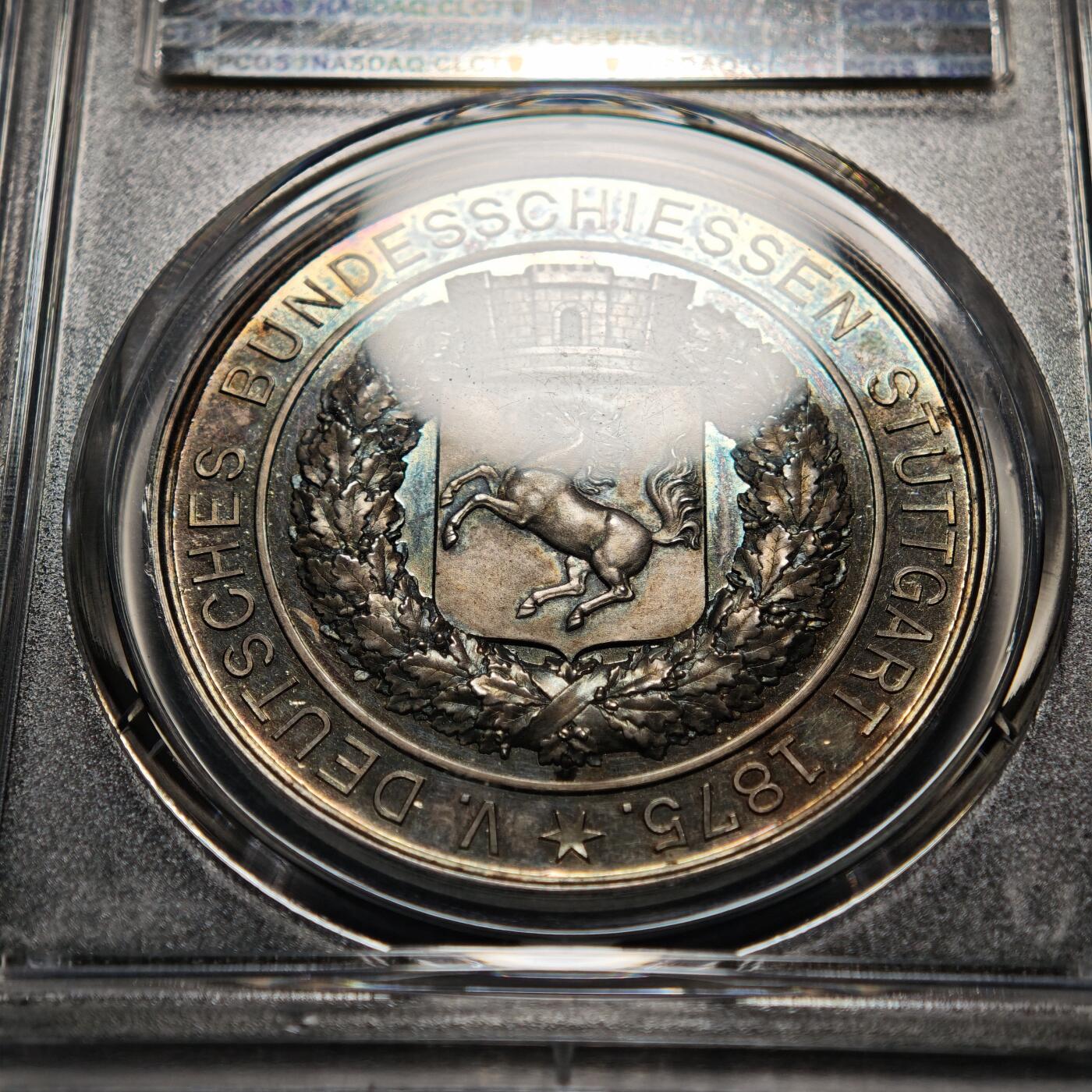 【德藏】世界币章拍卖第166期（拍品征集中~欢迎藏友联系） 1875年 德国斯图加特射击节银章 PCGS SP64 五彩包浆 状态极佳