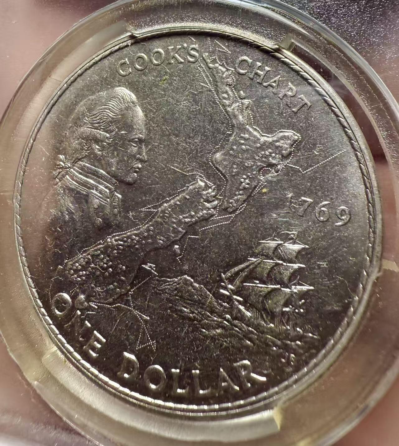 七河·世界世界币章杂件小拍（总第39期） 1969年新西兰库克船长首次登陆新西兰200周年1新元镍币