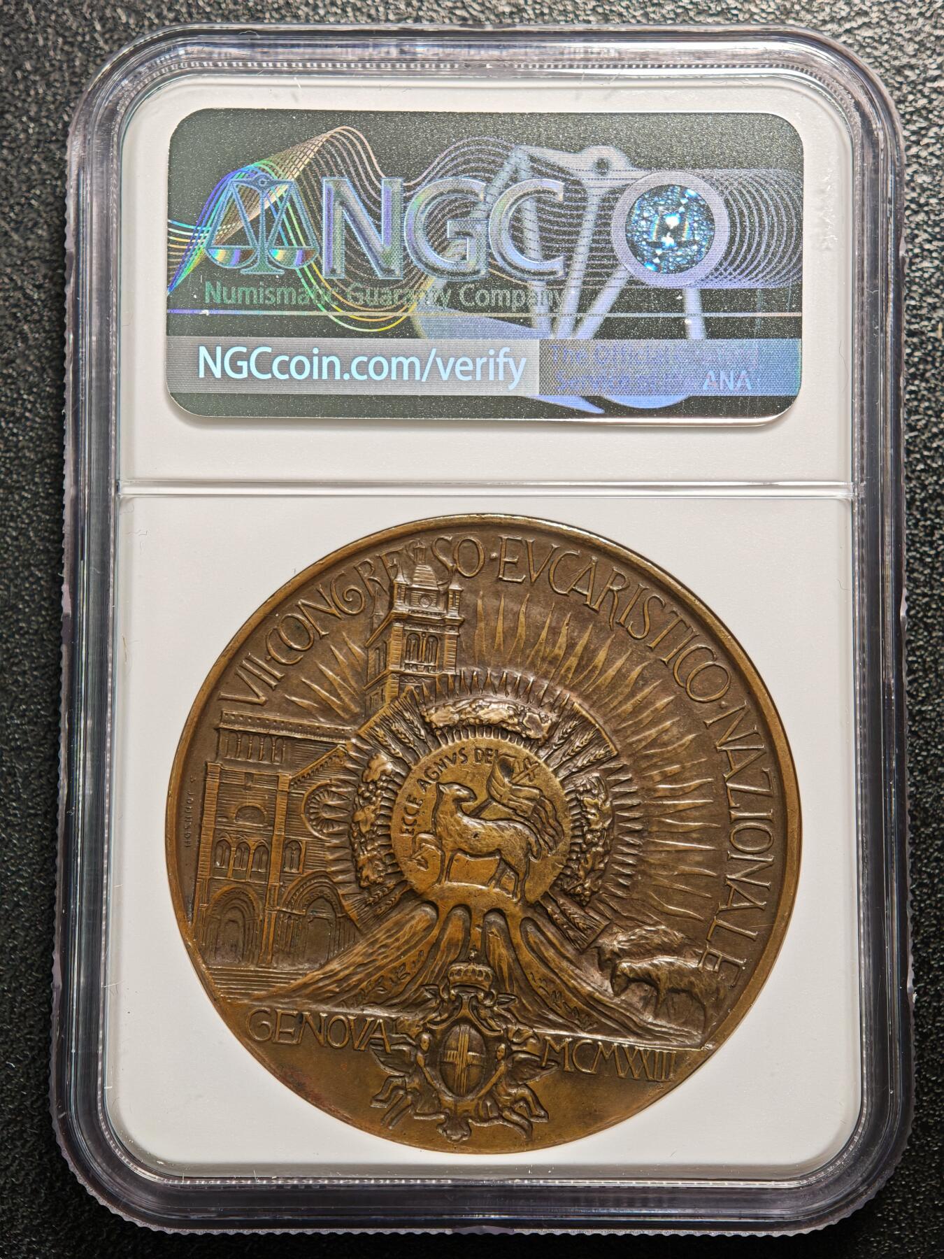 【德藏】世界币章拍卖第166期（拍品征集中~欢迎藏友联系） 1923年 意大利热那亚全国圣体大会奖章纪念铜章 NGC UNC 包浆温润细节极其丰富 图案刻画细致