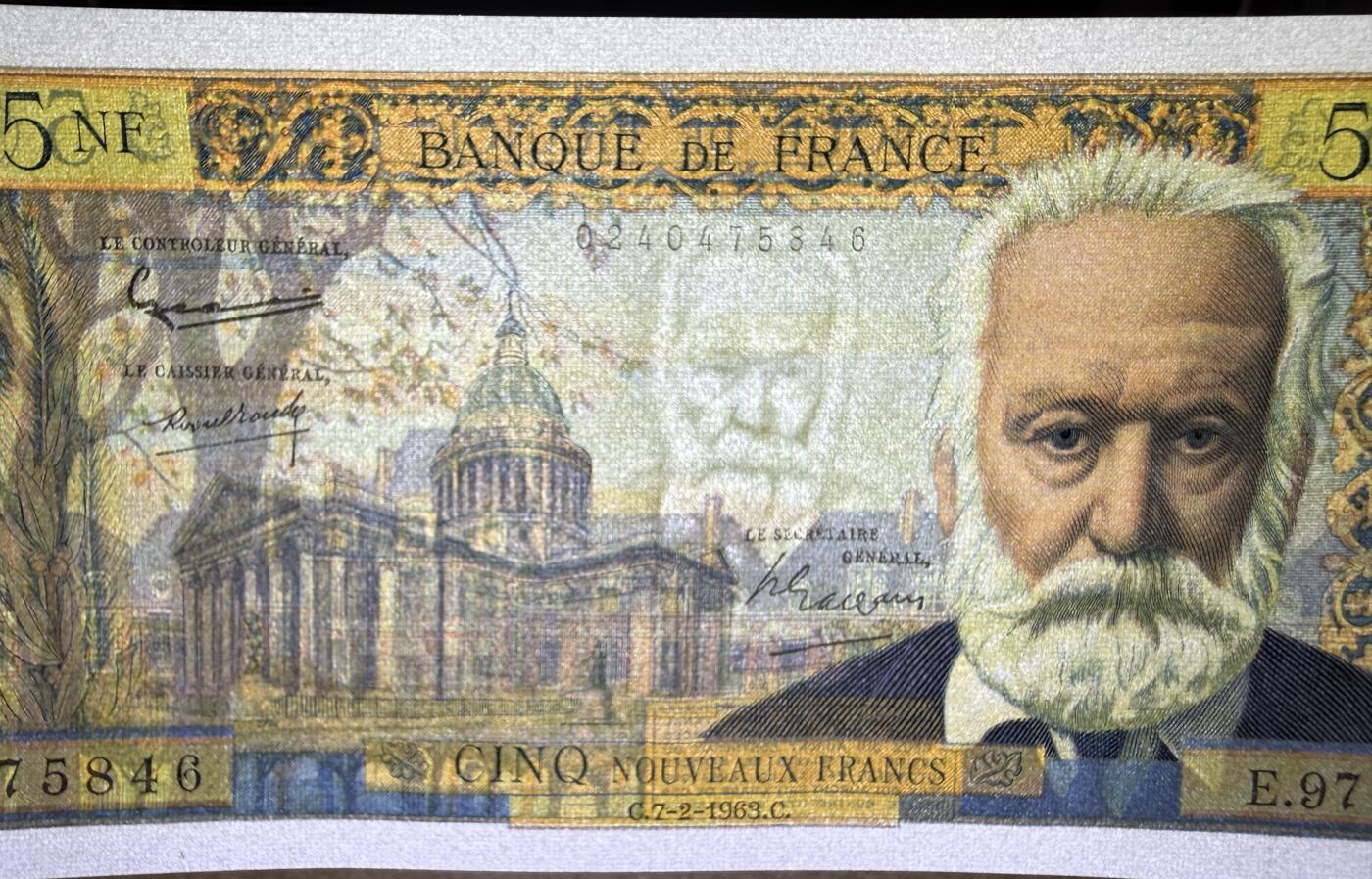 《艾美收藏》第234期-3.1周日外币精华场 法国5法郎 UNC 1963年 雨果 同号段的评了67、68分 见后续第75拍 送评时间太长 卖家不想等了