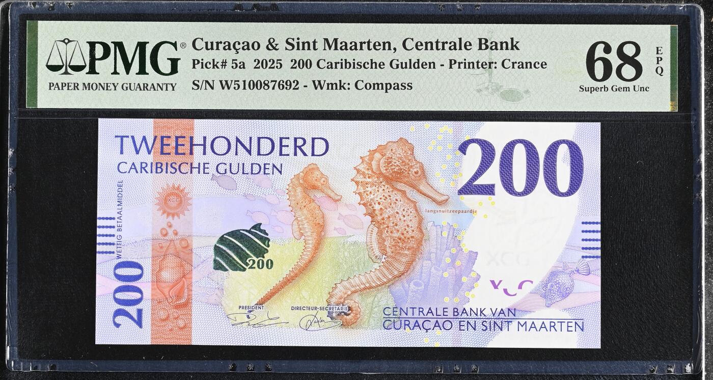 《艾美收藏》第234期-3.1周日外币精华场 库拉索和圣马丁2025年首发W5冠200盾PMG68E超高亚军分万位小号无4  冠军69分仅1张 海马 今年IBNS世界最佳纸币获奖钞大热品种 Pick#5a
