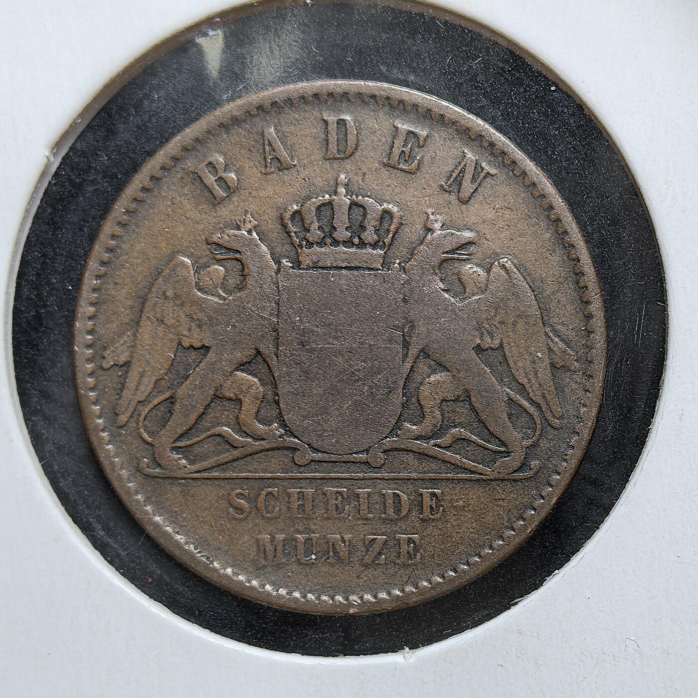外国优质老铜币银币，正月十二晚九点倒数截拍，满百包邮可寄存，持续收拍 巴登大公国1864年1克鲁泽铜币，正面为面值与橡叶纹饰，背面是巴登的双头鹰盾徽。此币属于德意志邦联时期的地方货币，见证了巴登在 19 世纪中叶，作为独立邦国的货币体系运行。