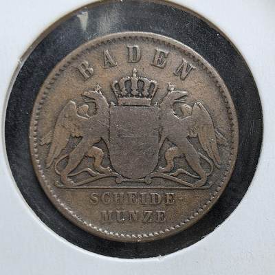外国优质老铜币银币，正月十二晚九点倒数截拍，满百包邮可寄存，持续收拍 - 巴登大公国1864年1克鲁泽铜币，正面为面值与橡叶纹饰，背面是巴登的双头鹰盾徽。此币属于德意志邦联时期的地方货币，见证了巴登在 19 世纪中叶，作为独立邦国的货币体系运行。