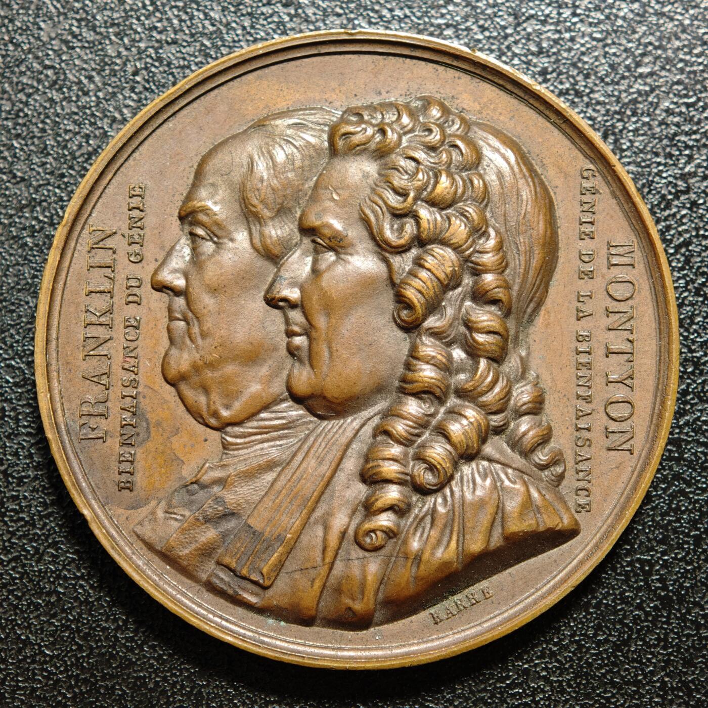 【德藏】世界币章拍卖第166期（拍品征集中~欢迎藏友联系） 1833年 法国富兰克林与蒙蒂翁协会高浮雕纪念铜章 直径约：41.7mm；重约：32.6g