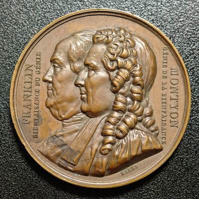 【德藏】世界币章拍卖第166期（拍品征集中~欢迎藏友联系） - 1833年 法国富兰克林与蒙蒂翁协会高浮雕纪念铜章 直径约：41.7mm；重约：32.6g