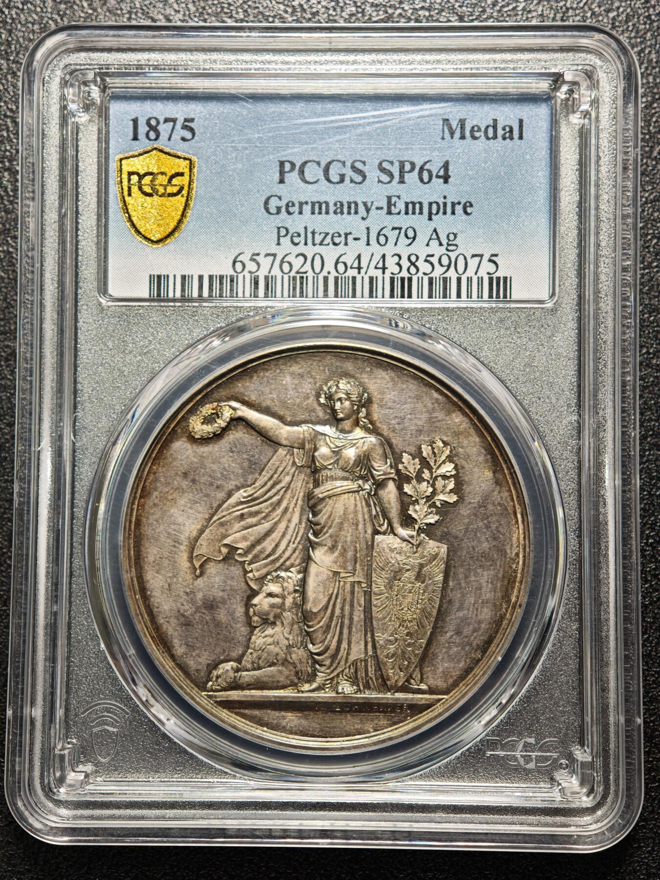 【德藏】世界币章拍卖第166期（拍品征集中~欢迎藏友联系） 1875年 德国斯图加特射击节银章 PCGS SP64 五彩包浆 状态极佳
