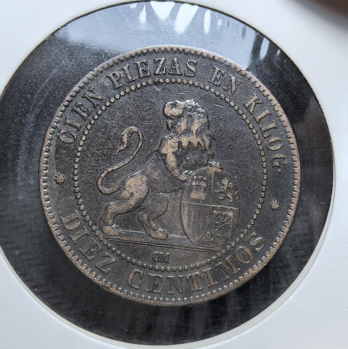 外国优质老铜币银币，正月十二晚九点倒数截拍，满百包邮可寄存，持续收拍 西班牙第一共和国1870 年10 分铜币直径30mm，正面为象征西班牙的坐像，背面是持盾雄狮与币重铭文，见证了西班牙从君主制向共和制过渡的动荡政局