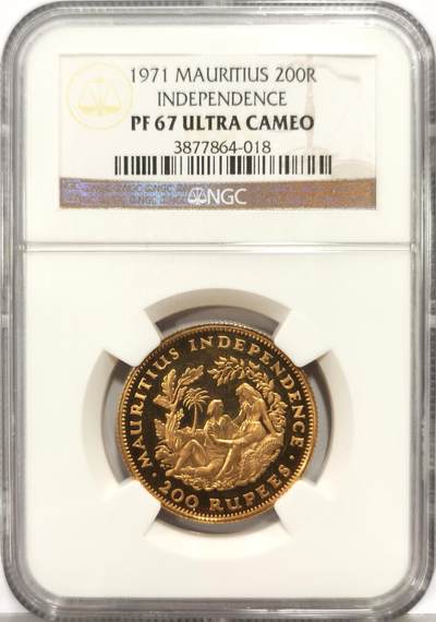 博洋堂世界钱币拍卖第162期（全场包邮） - NGC PF67UC 毛里求斯1971年独立纪念200卢比精制金币，1968年独立，女王为国家元首（首枚），15.56克917金，发行量750枚