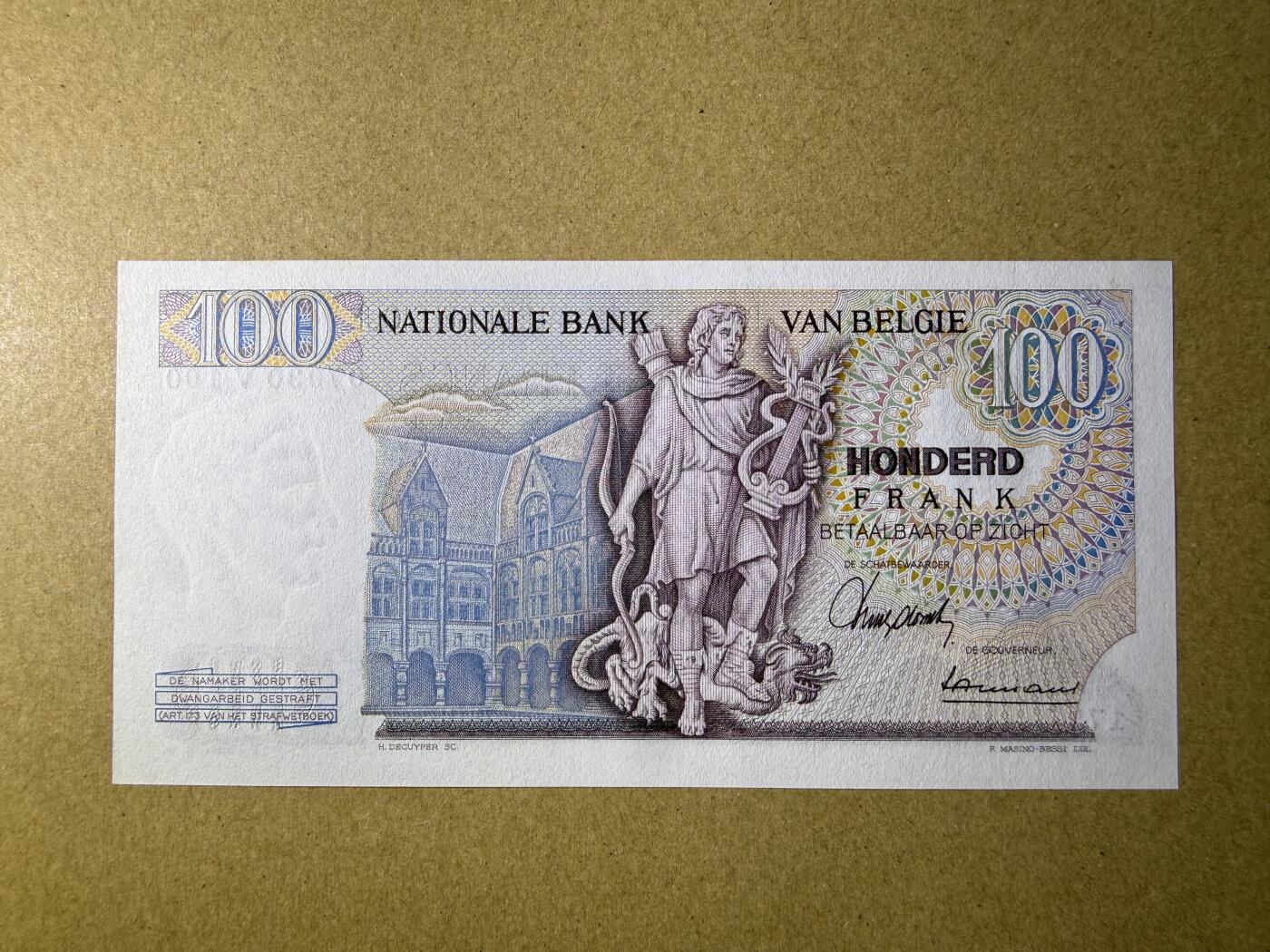 《艾美收藏》第234期-3.1周日外币精华场 比利时100法郎 UNC 1967年 局部荧光