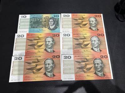 《外钞收藏家》第六百一十三期（ 精品场）（长期征集拍品、欢迎藏友们联系合作） - 澳大利亚纸币版10和20元（20元不同签名5张）只有2张接近全新 其他非全新或AU