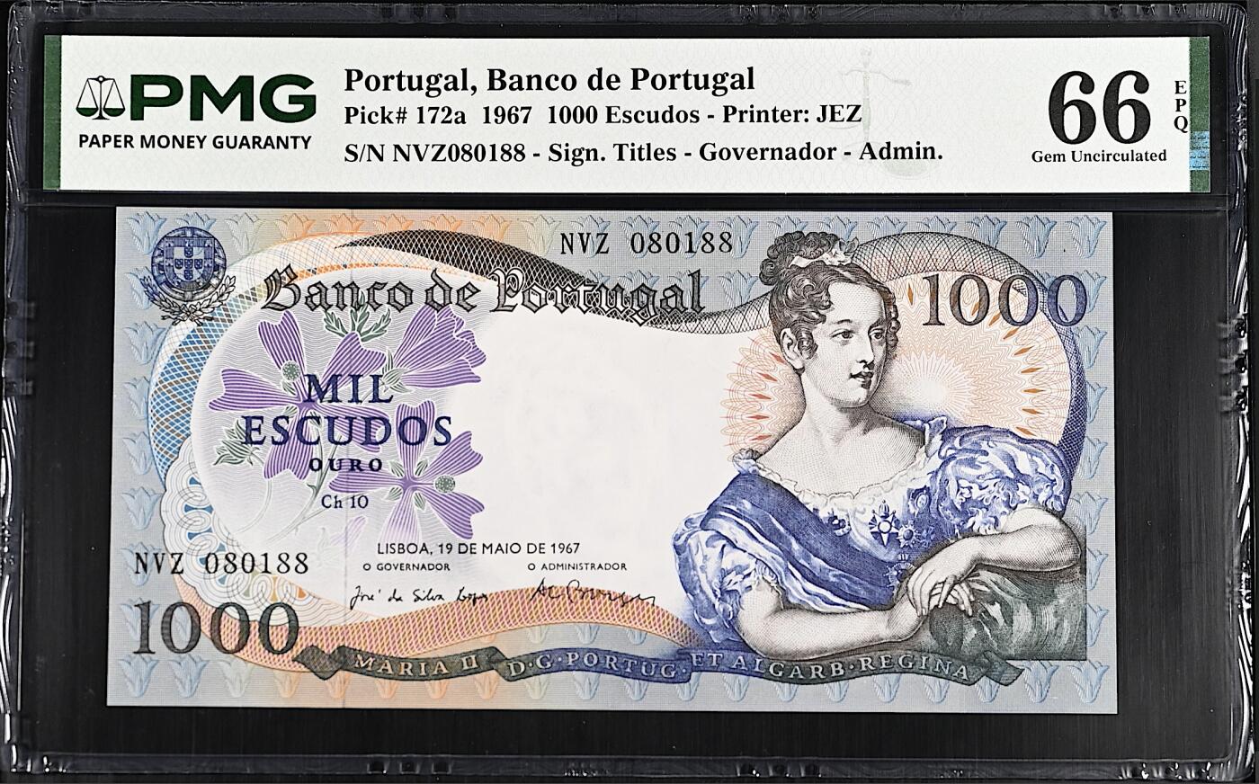 《艾美收藏》第234期-3.1周日外币精华场 葡萄牙1000埃斯库多 PMG66E 1967年a版 女王玛丽亚二世 少见且难上分版本 无3547倒置号 双尾88