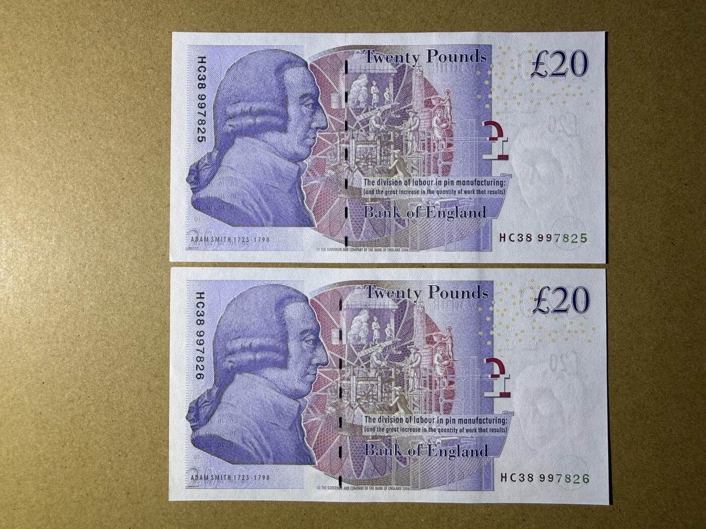 《艾美收藏》第234期-3.1周日外币精华场 英国20镑2张 UNC 连号2张 全程无4