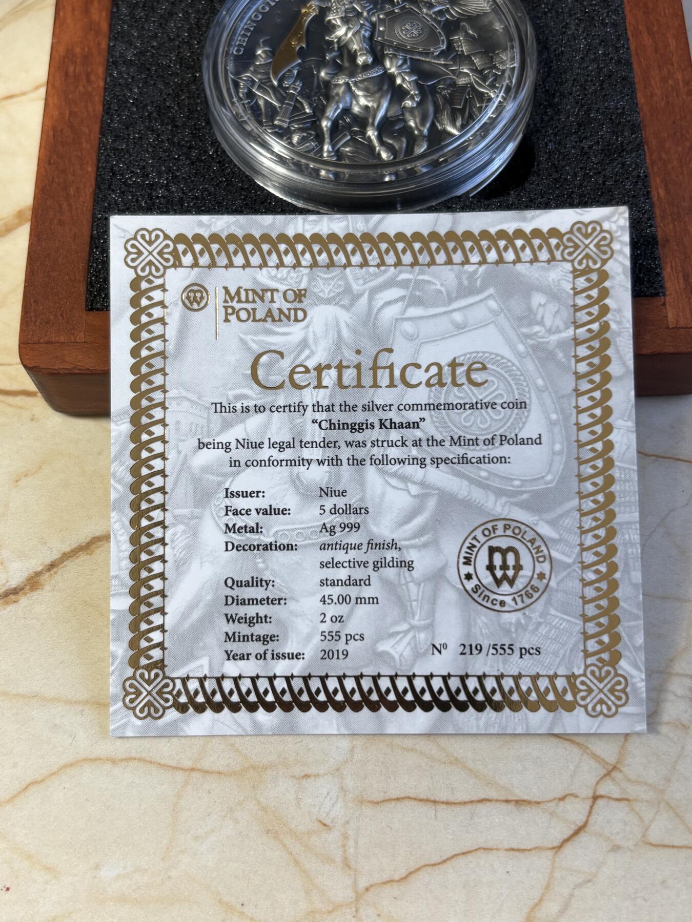 第191期拍卖 纽埃2019年5元仿古部分镀金银币 成吉思汗 2盎司999银 发行量：555 盒证全