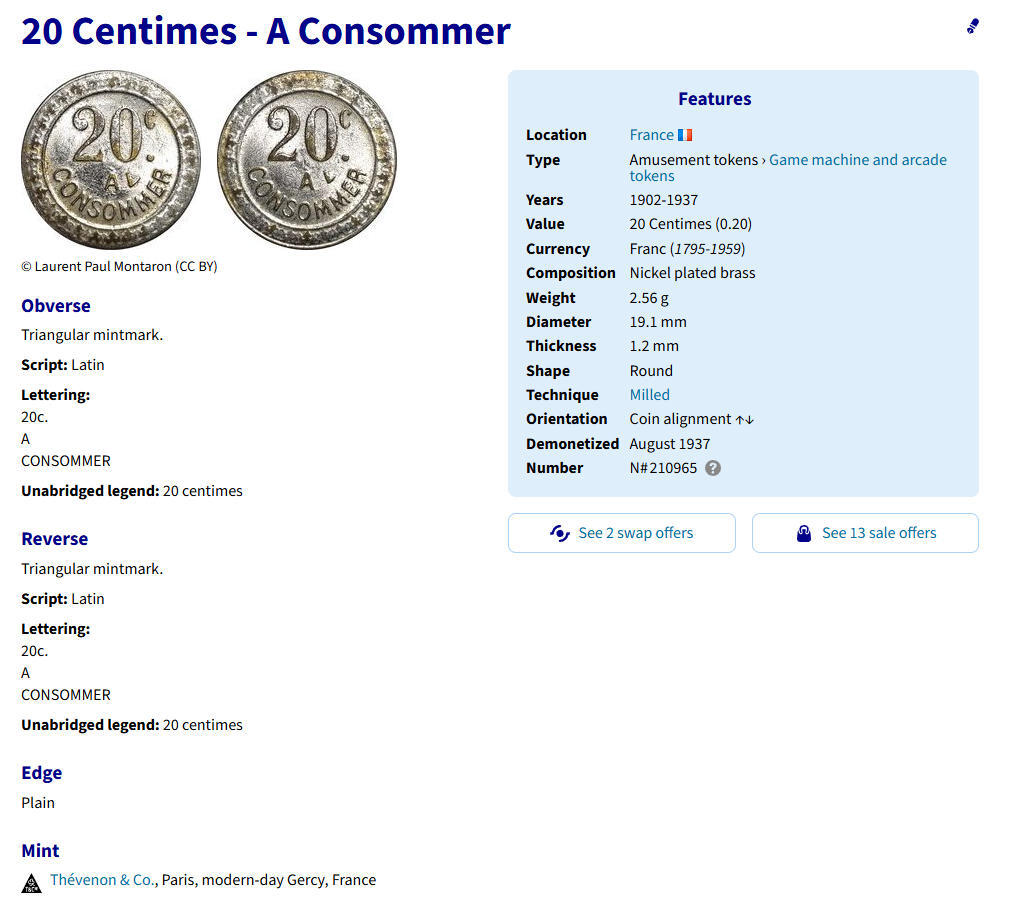 外国优质老铜币银币，正月十二晚九点倒数截拍，满百包邮可寄存，持续收拍 法国20 生丁代用币，正面刻有 “20c CONSOMMER” 字样，意为 “可消费 20 生丁”。它并非官方货币，而是 20 世纪初法国商业机构（如咖啡馆、商店）发行的代币，用于在特定场所内进行小额交易，是当时法国商业经济的特殊见证。