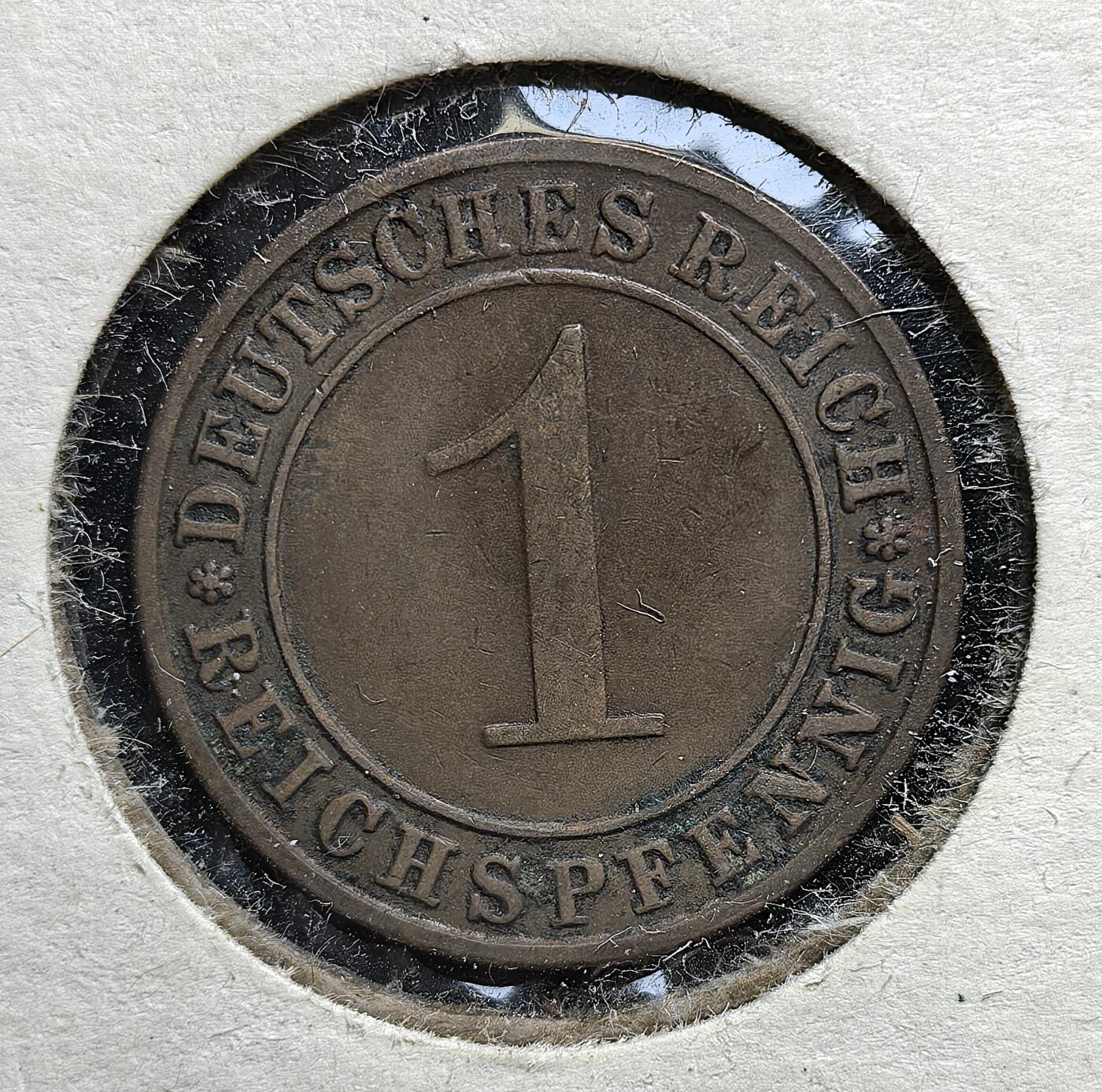 外国优质老铜币银币，正月十二晚九点倒数截拍，满百包邮可寄存，持续收拍 魏玛共和国1931年1芬尼铜币F版，背面是象征农业的捆扎麦束。发行于全球大萧条与德国经济危机加剧时期，是魏玛共和国末期通胀与社会动荡的实物见证。