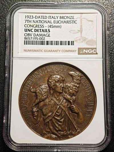 【德藏】世界币章拍卖第166期（拍品征集中~欢迎藏友联系） - 1923年 意大利热那亚全国圣体大会奖章纪念铜章 NGC UNC 包浆温润细节极其丰富 图案刻画细致