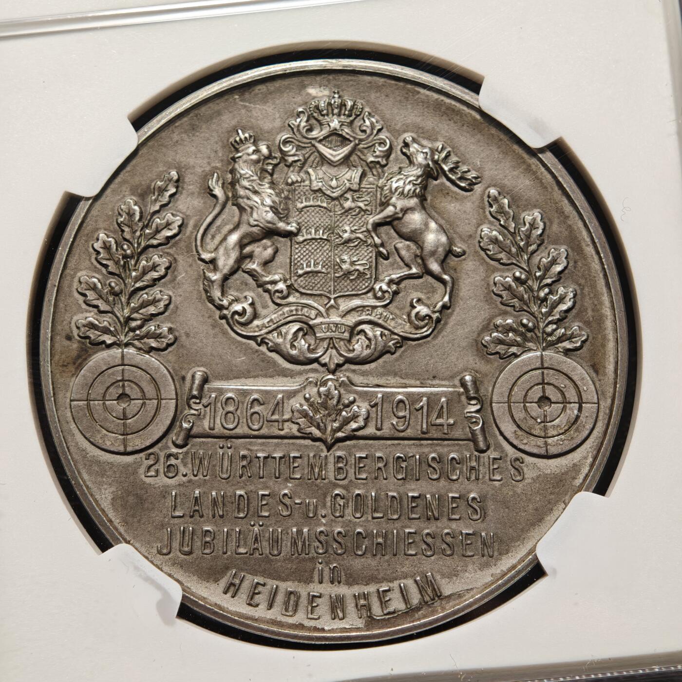 【德藏】世界币章拍卖第166期（拍品征集中~欢迎藏友联系） 1914年 德国符腾堡射击节城市景观纪念银章 NGC UNC 少见品种