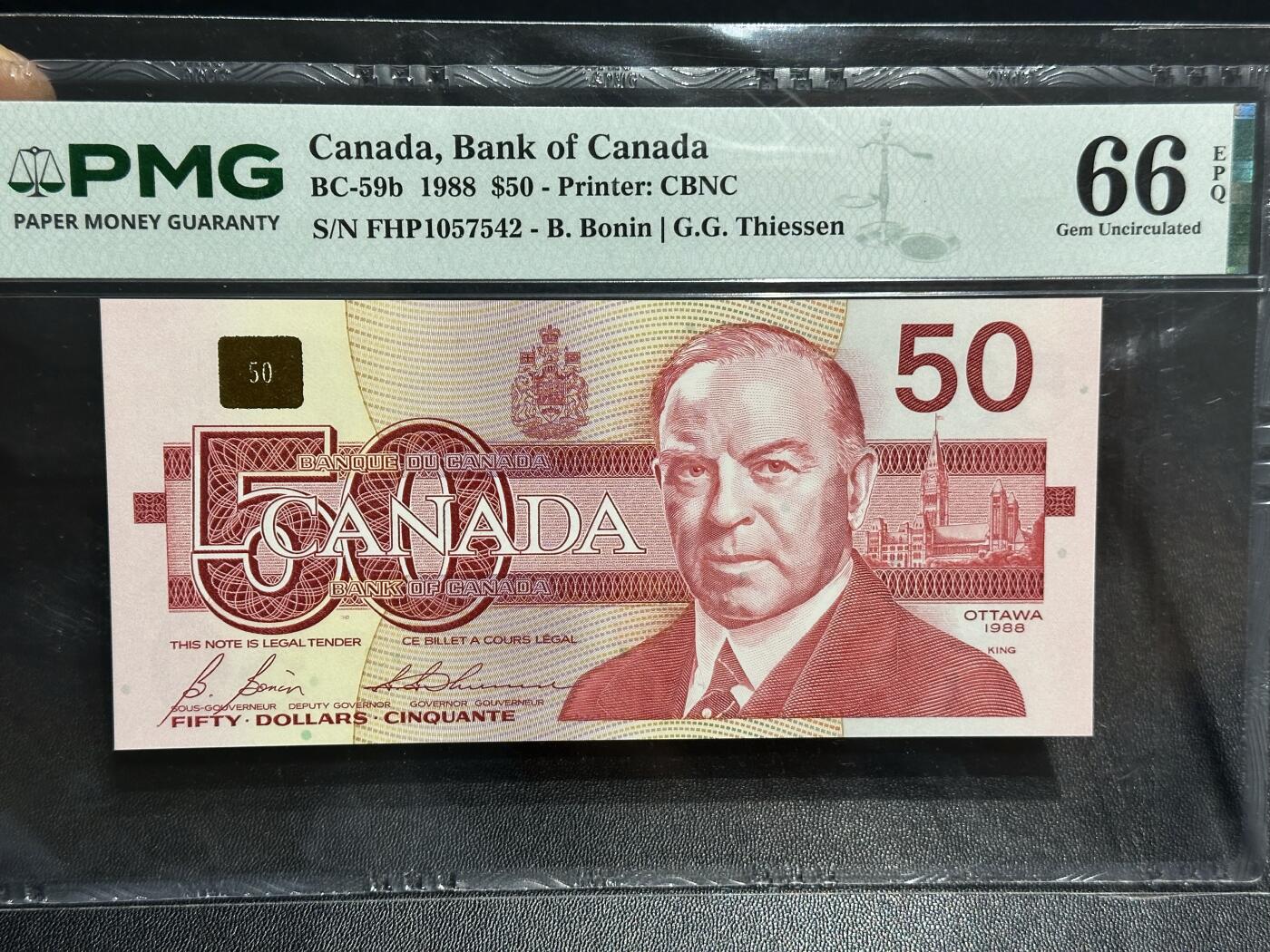 《外钞收藏家》第六百一十三期（ 精品场）（长期征集拍品、欢迎藏友们联系合作） 加拿大1988年鸟版50元PMG66（北极雪鸮，签名二）