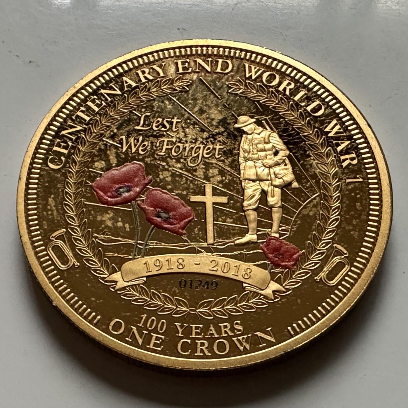 🌹外币初藏🌹🐯2026年第22场  每周二四六晚8️⃣点 接代拍 特里斯坦-达库尼亚2018年一战结束百年1克朗镀金纪念币，罂粟花彩印，40mm，