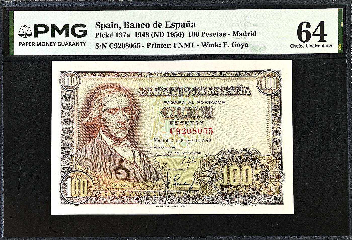 《艾美收藏》第234期-3.1周日外币精华场 西班牙100比塞塔 PMG64 1948年 西班牙画家巴佑 无47双尾