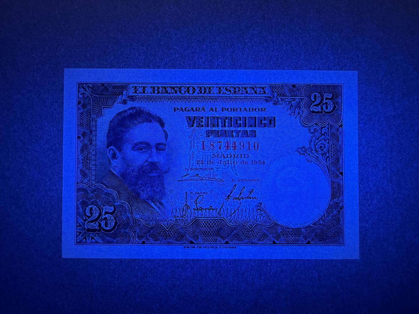 《艾美收藏》第234期-3.1周日外币精华场 西班牙25比塞塔 UNC 1954年 西班牙作曲家阿尔贝尼斯