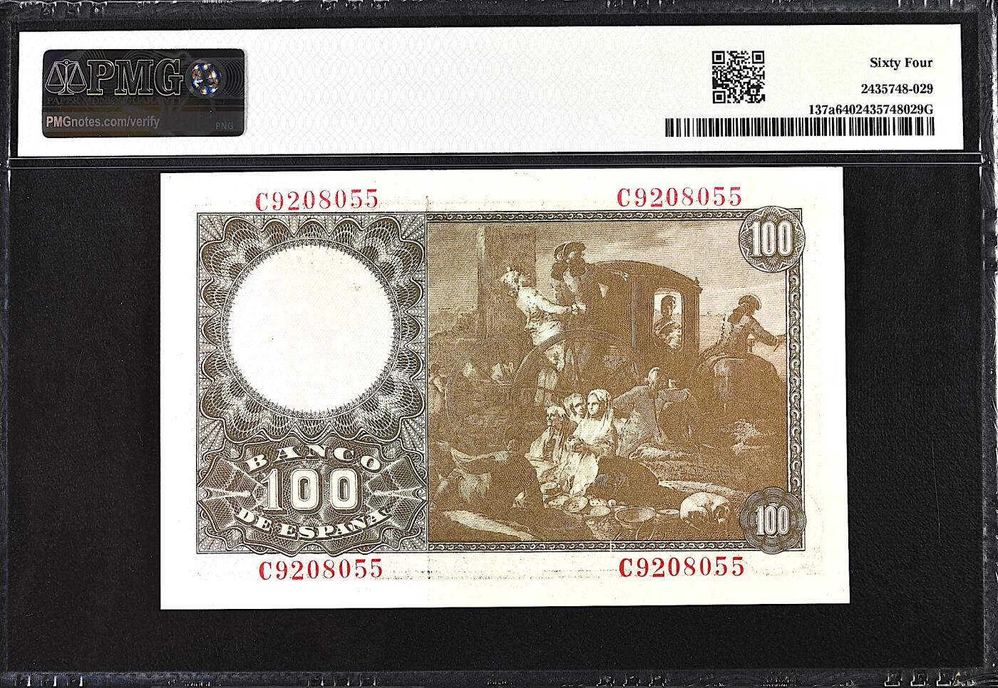 《艾美收藏》第234期-3.1周日外币精华场 西班牙100比塞塔 PMG64 1948年 西班牙画家巴佑 无47双尾